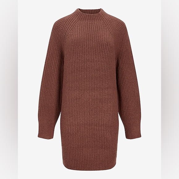 EXPRESS Super Cute & Cozy CHOCOLATE Mock Neck Shift Sweater Dress SZ L - Picture 2 of 5